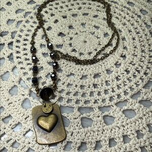 Heart Pendant & glass beaded Necklace with Bronze Accents